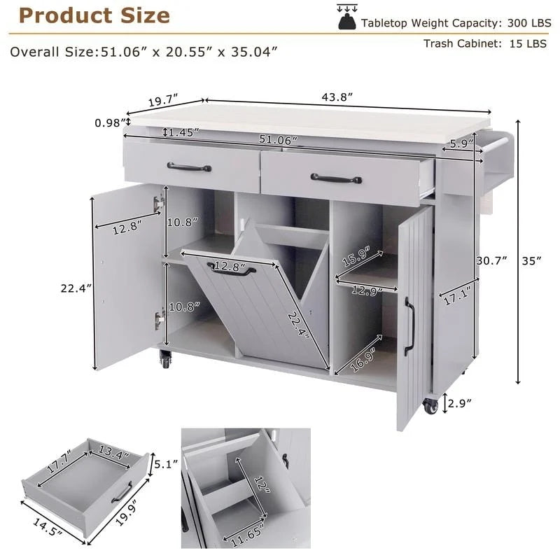 Alger Kitchen Island with Trash Can Storage Cabinet