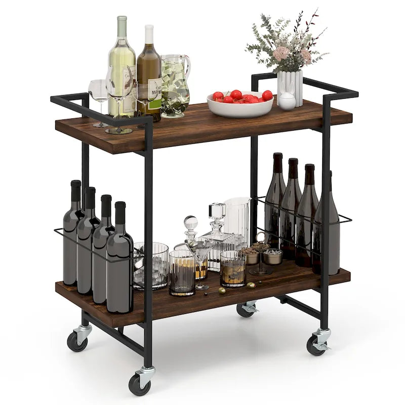 2-Tier Home Bar Cart with Lockable Wheels and Wine Rack