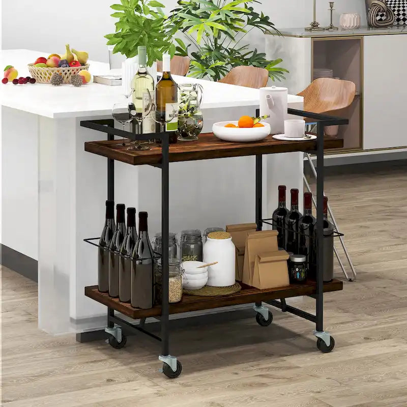 2-Tier Home Bar Cart with Lockable Wheels and Wine Rack