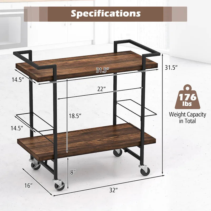 2-Tier Home Bar Cart with Lockable Wheels and Wine Rack