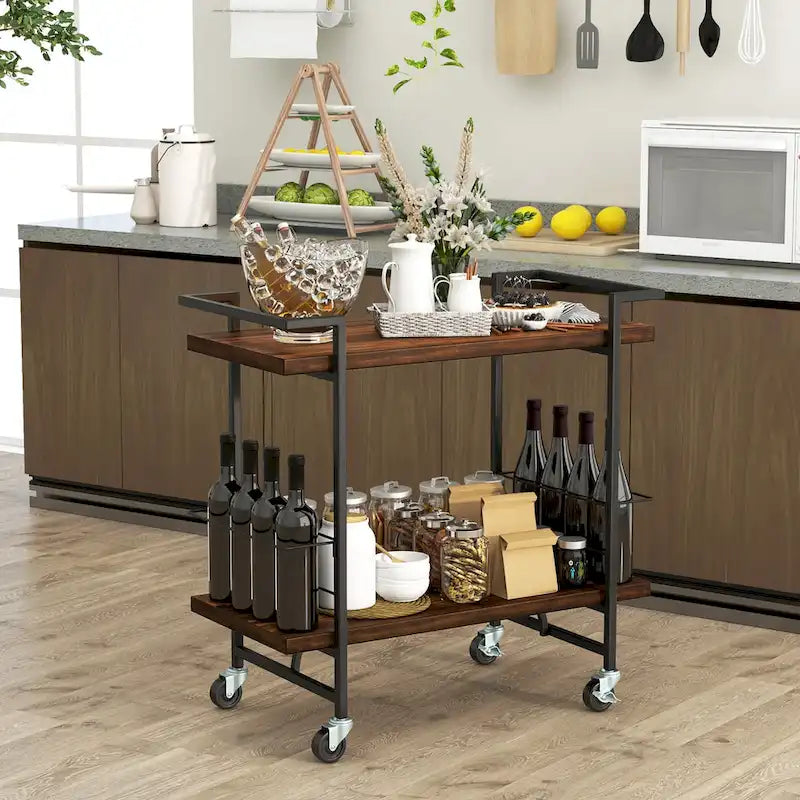 2-Tier Home Bar Cart with Lockable Wheels and Wine Rack