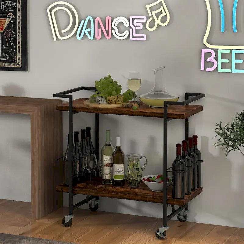 2-Tier Home Bar Cart with Lockable Wheels and Wine Rack
