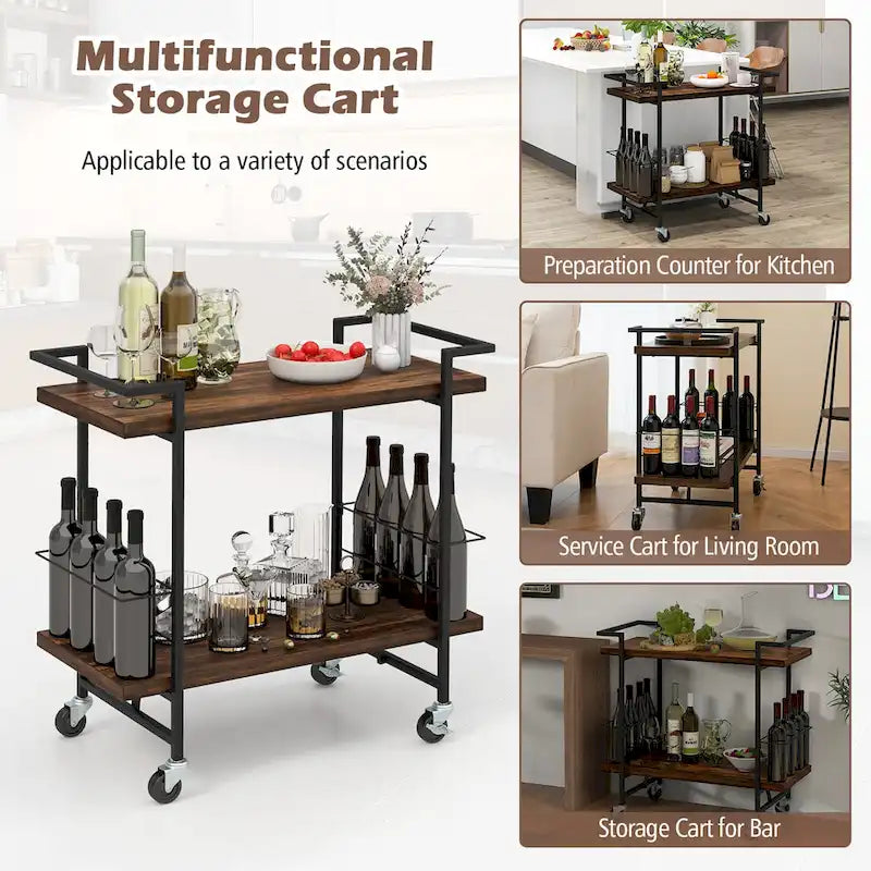 2-Tier Home Bar Cart with Lockable Wheels and Wine Rack