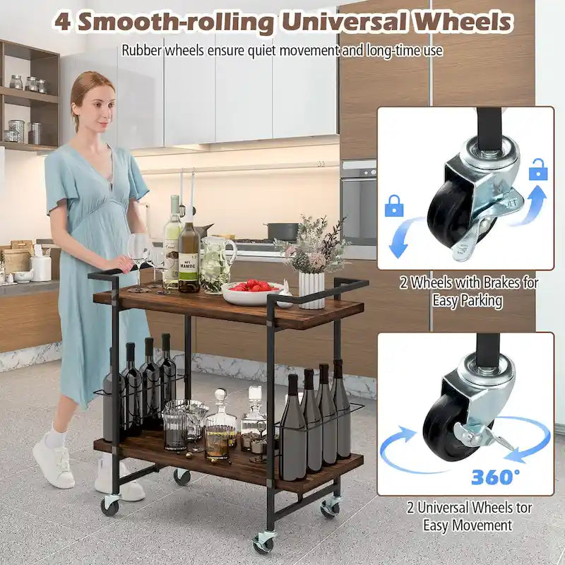 2-Tier Home Bar Cart with Lockable Wheels and Wine Rack
