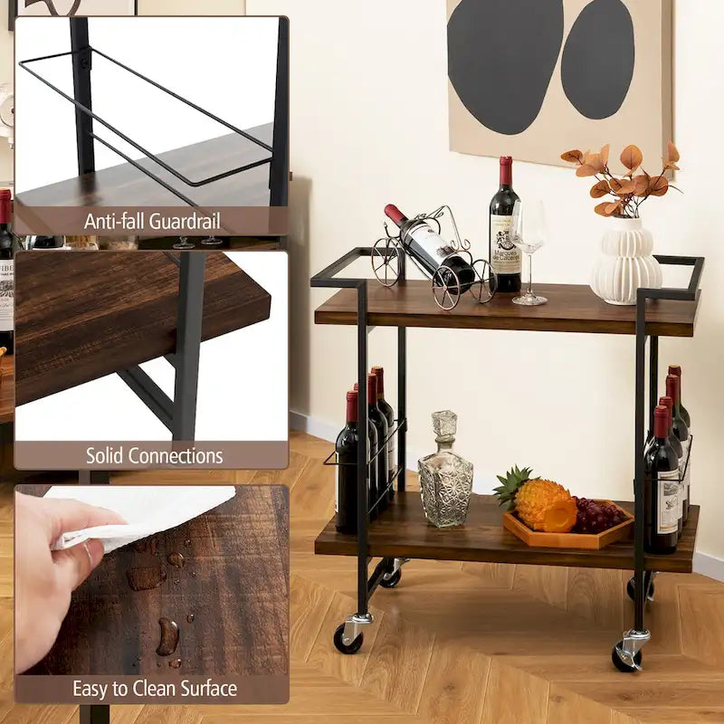 2-Tier Home Bar Cart with Lockable Wheels and Wine Rack