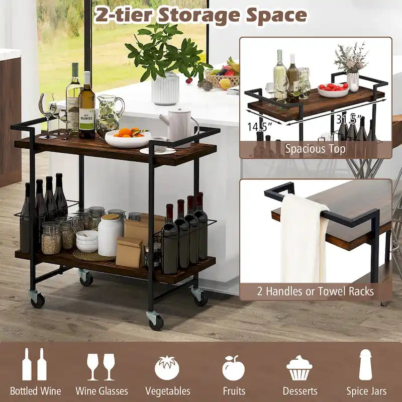2-Tier Home Bar Cart with Lockable Wheels and Wine Rack
