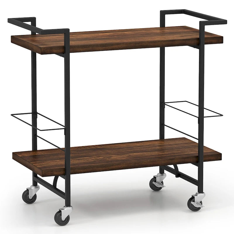 2-Tier Home Bar Cart with Lockable Wheels and Wine Rack