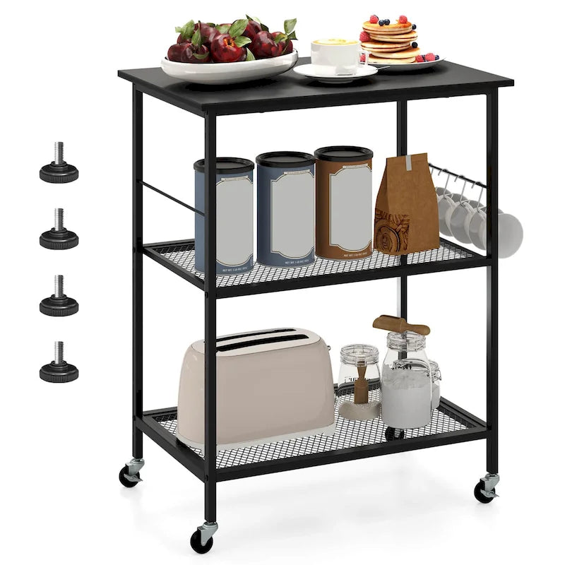 3-Tier Rolling Kitchen Serving Cart with Steel Frame, 2 Side Bars & 5 Hooks