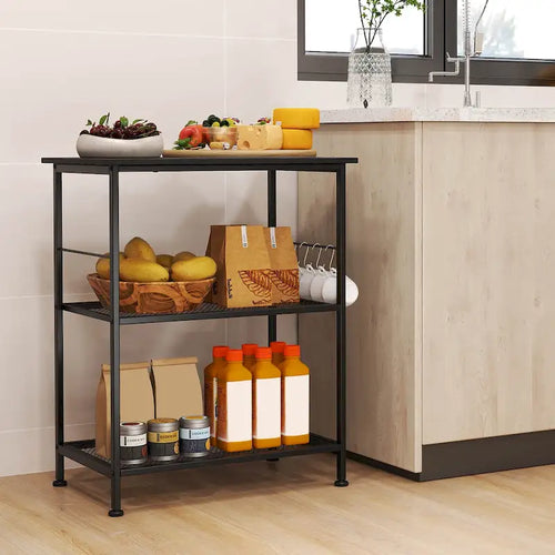 3-Tier Rolling Kitchen Serving Cart with Steel Frame, 2 Side Bars & 5 Hooks