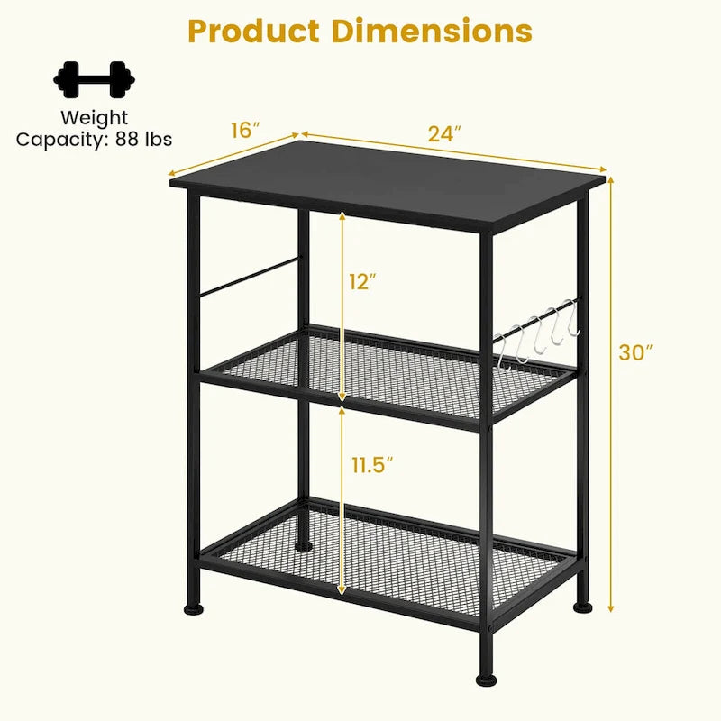 3-Tier Rolling Kitchen Serving Cart with Steel Frame, 2 Side Bars & 5 Hooks