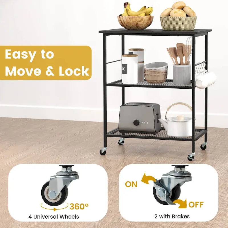 3-Tier Rolling Kitchen Serving Cart with Steel Frame, 2 Side Bars & 5 Hooks