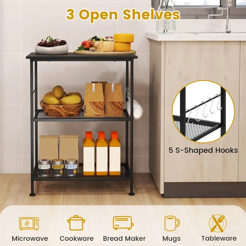3-Tier Rolling Kitchen Serving Cart with Steel Frame, 2 Side Bars & 5 Hooks