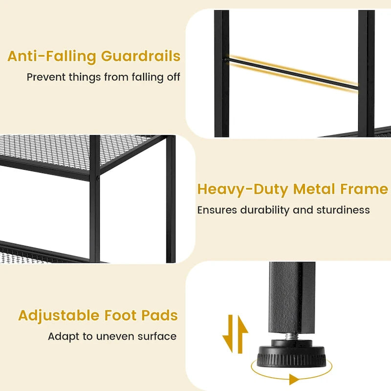 3-Tier Rolling Kitchen Serving Cart with Steel Frame, 2 Side Bars & 5 Hooks