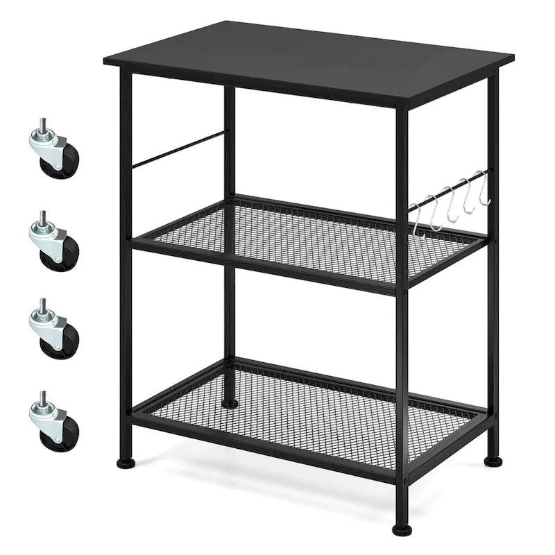 3-Tier Rolling Kitchen Serving Cart with Steel Frame, 2 Side Bars & 5 Hooks