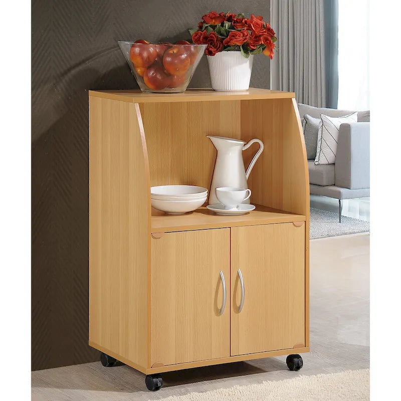33" Mini Wheeled Microwave Island Cart with Beech Wood Cabinet Storage