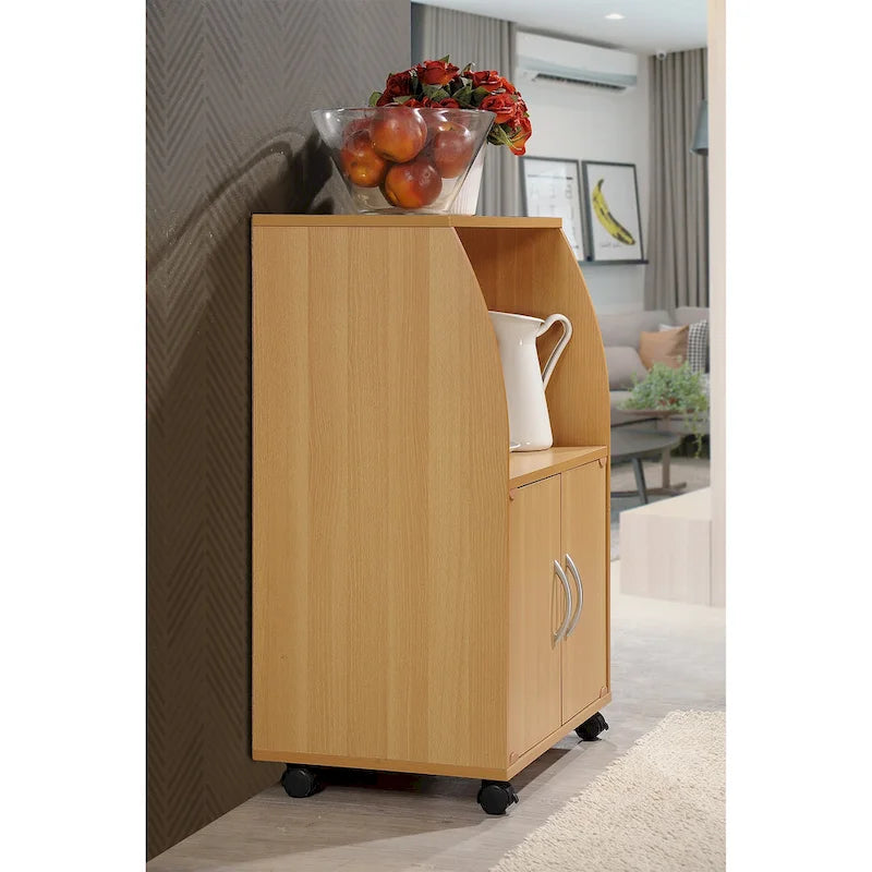 33" Mini Wheeled Microwave Island Cart with Beech Wood Cabinet Storage