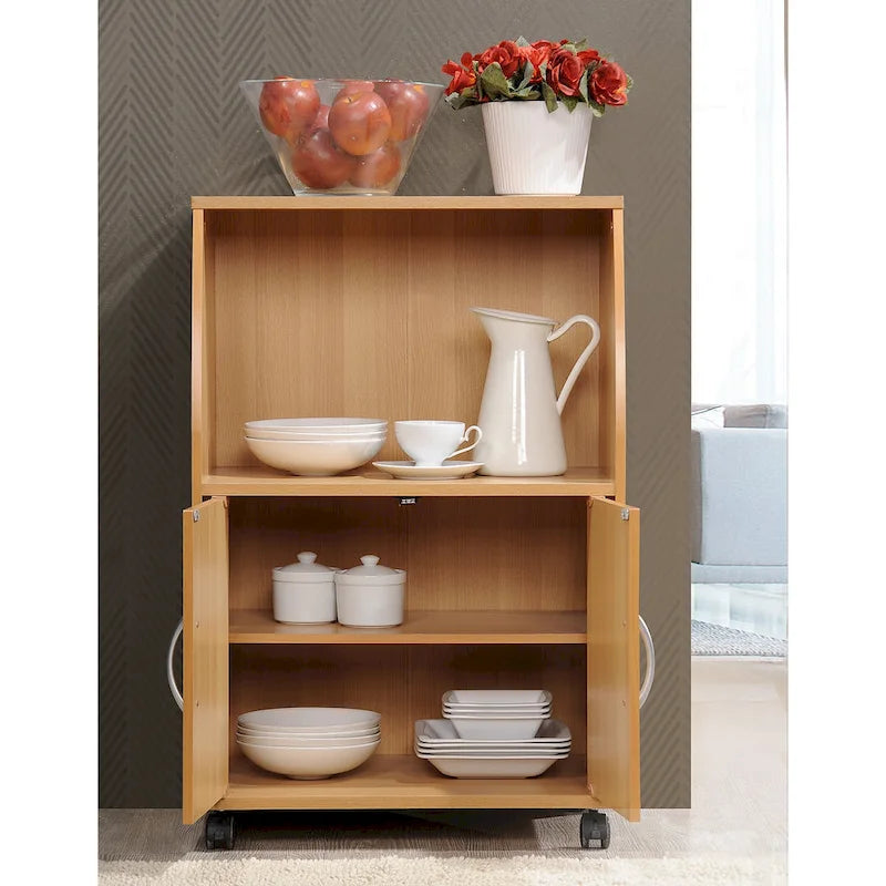 33" Mini Wheeled Microwave Island Cart with Beech Wood Cabinet Storage