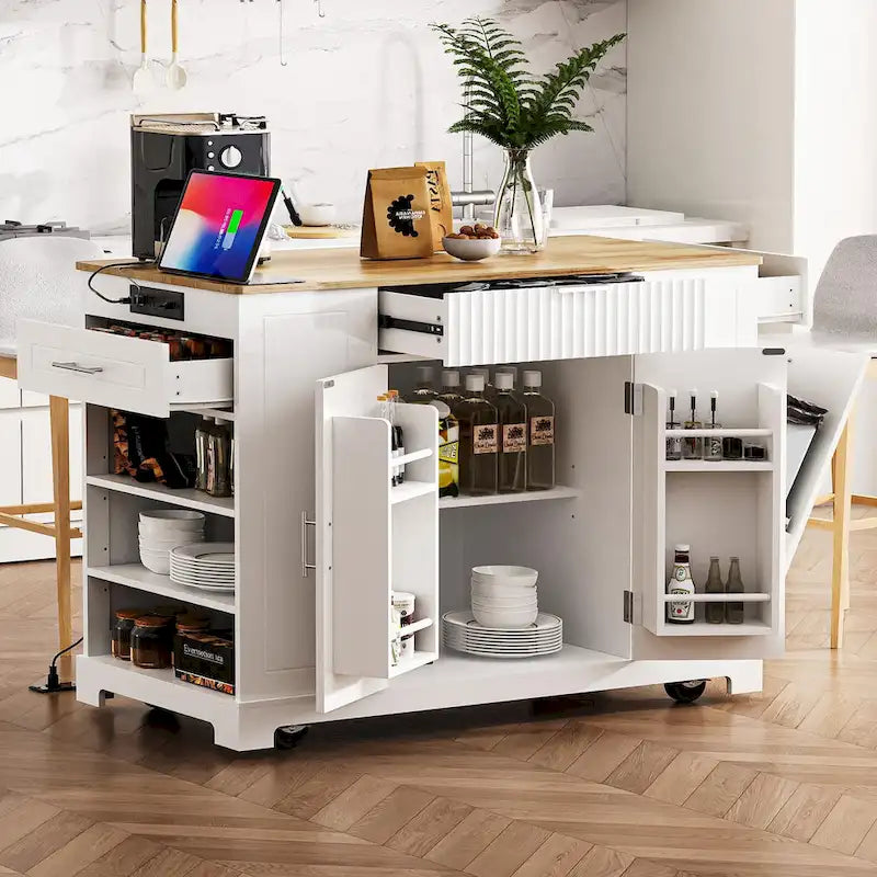 Fluted Kitchen Island with Trash Can Storage Cabinet, Power Outlet, Rolling Kitchen Islands on 5 Wheels with 3 Open Side Racks