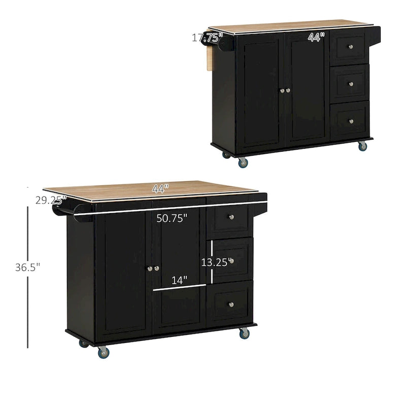 Mobile Kitchen Island with Drop Leaf, Storage Trolley Cart on Wheels, Towel/Spice Rack, 3 Drawers, 2-Door Cabinet