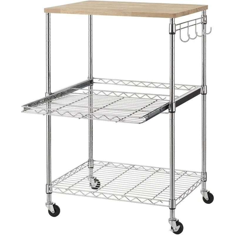 Tier Oak Wood Kitchen Cart with Wheels Slider Shelf and Hooks for Microwave Coffee Storage in Dining Room