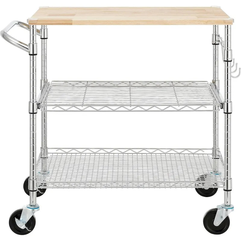 Tier Oak Wood Kitchen Cart with Wheels Slider Shelf and Hooks for Microwave Coffee Storage in Dining Room