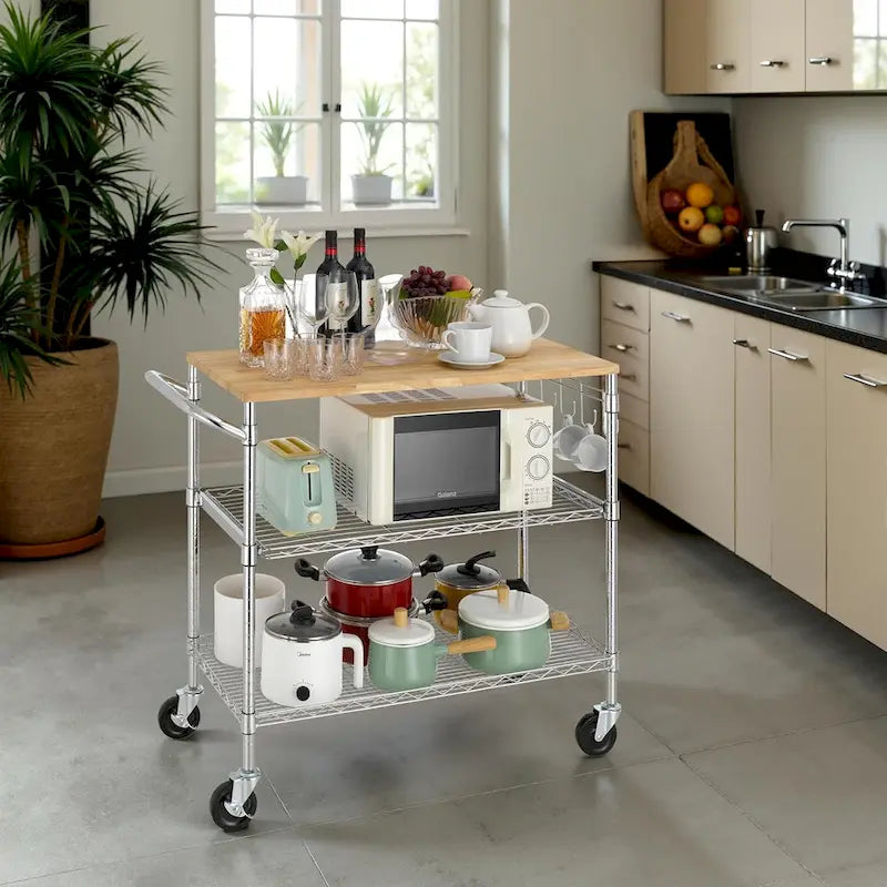 Tier Oak Wood Kitchen Cart with Wheels Slider Shelf and Hooks for Microwave Coffee Storage in Dining Room