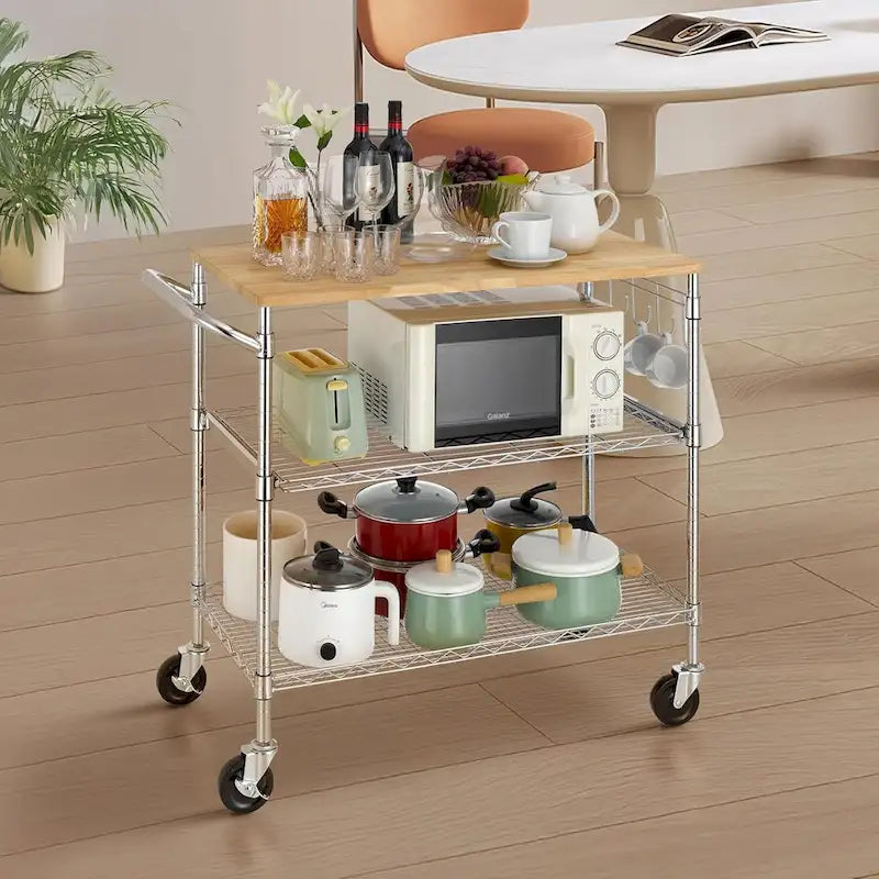 Tier Oak Wood Kitchen Cart with Wheels Slider Shelf and Hooks for Microwave Coffee Storage in Dining Room