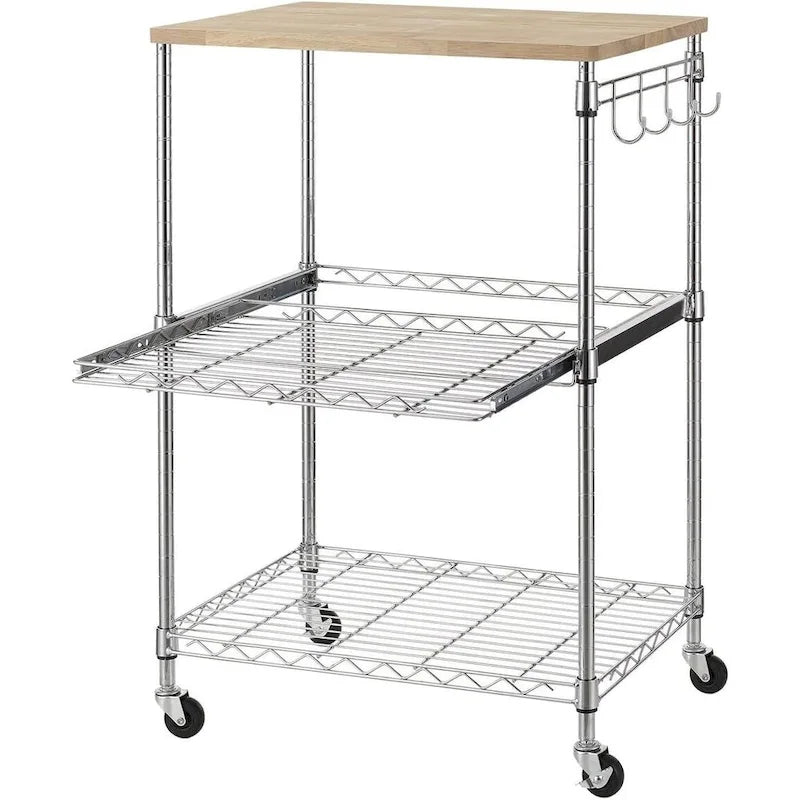 Tier Oak Wood Kitchen Cart with Wheels Slider Shelf and Hooks for Microwave Coffee Storage in Dining Room