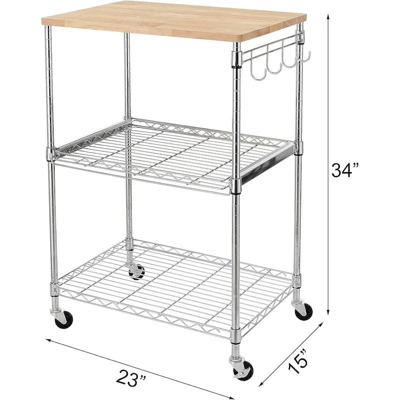 Tier Oak Wood Kitchen Cart with Wheels Slider Shelf and Hooks for Microwave Coffee Storage in Dining Room