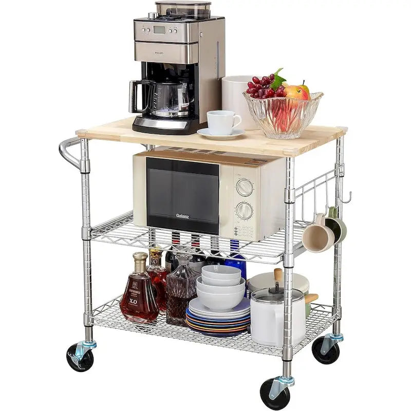 Tier Oak Wood Kitchen Cart with Wheels Slider Shelf and Hooks for Microwave Coffee Storage in Dining Room