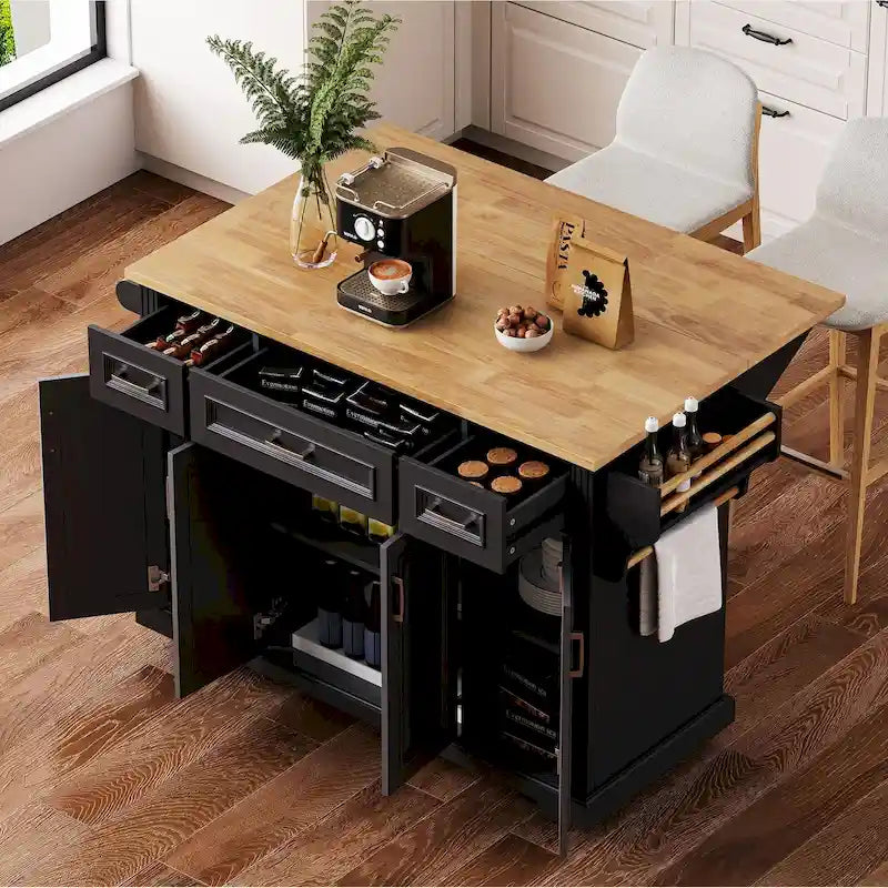 Rolling Kitchen Island with Drop Leaf, Kitchen Island Cart on Wheels, Moveable Island Table with 4 Doors Cabinet & 3 Drawers