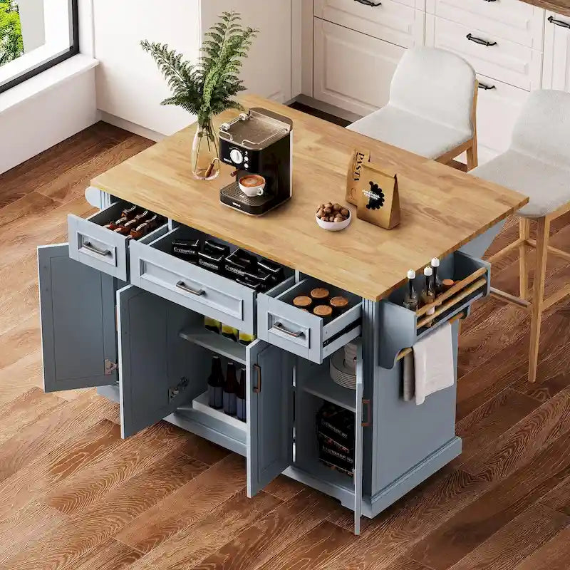 Rolling Kitchen Island with Drop Leaf, Kitchen Island Cart on Wheels, Moveable Island Table with 4 Doors Cabinet & 3 Drawers
