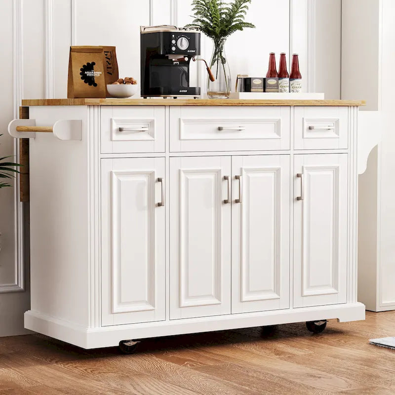 Rolling Kitchen Island with Drop Leaf, Kitchen Island Cart on Wheels, Moveable Island Table with 4 Doors Cabinet & 3 Drawers