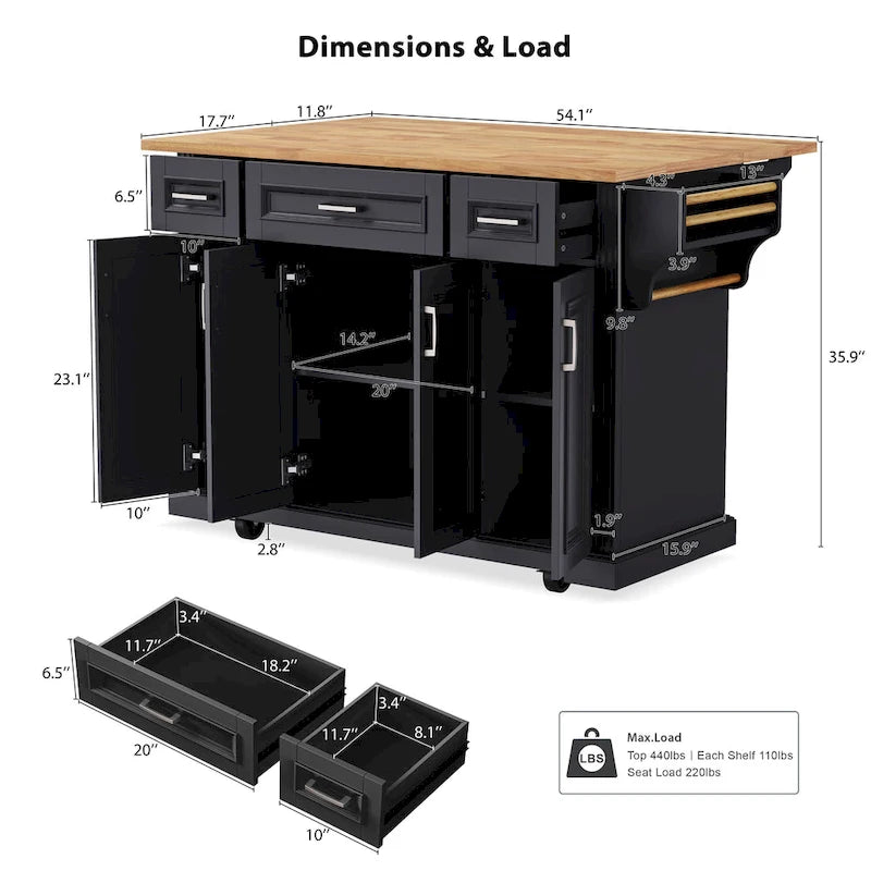 Rolling Kitchen Island with Drop Leaf, Kitchen Island Cart on Wheels, Moveable Island Table with 4 Doors Cabinet & 3 Drawers