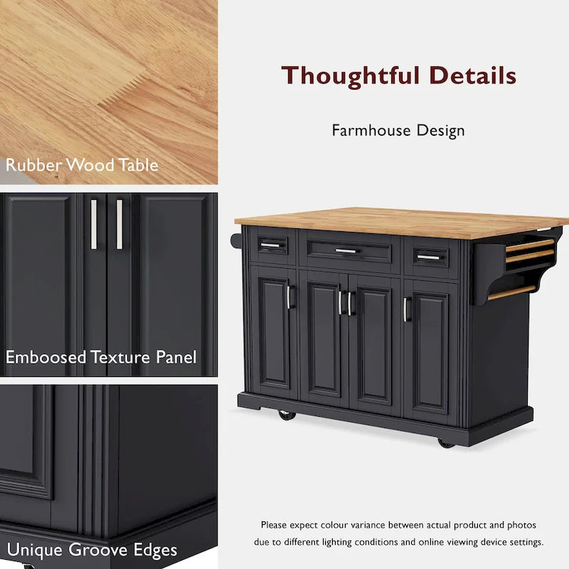 Rolling Kitchen Island with Drop Leaf, Kitchen Island Cart on Wheels, Moveable Island Table with 4 Doors Cabinet & 3 Drawers