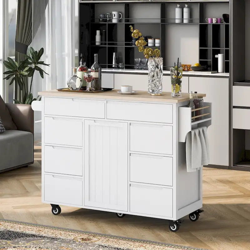 Kitchen Island with Wooden Top, Mobile Island on Locking Wheels, Rolling Cart with Flatware Organizer & 8 Handle-Free Drawers