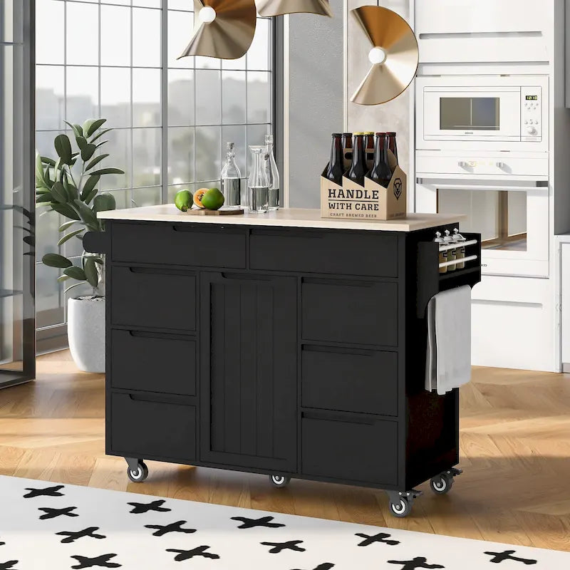 Kitchen Island with Wooden Top, Mobile Island on Locking Wheels, Rolling Cart with Flatware Organizer & 8 Handle-Free Drawers