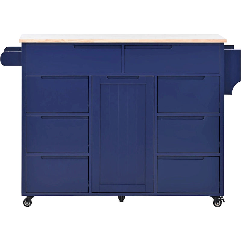 Kitchen Island with Wooden Top, Mobile Island on Locking Wheels, Rolling Cart with Flatware Organizer & 8 Handle-Free Drawers