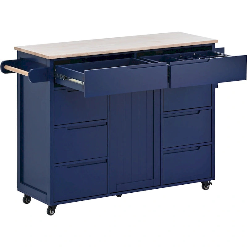 Kitchen Island with Wooden Top, Mobile Island on Locking Wheels, Rolling Cart with Flatware Organizer & 8 Handle-Free Drawers