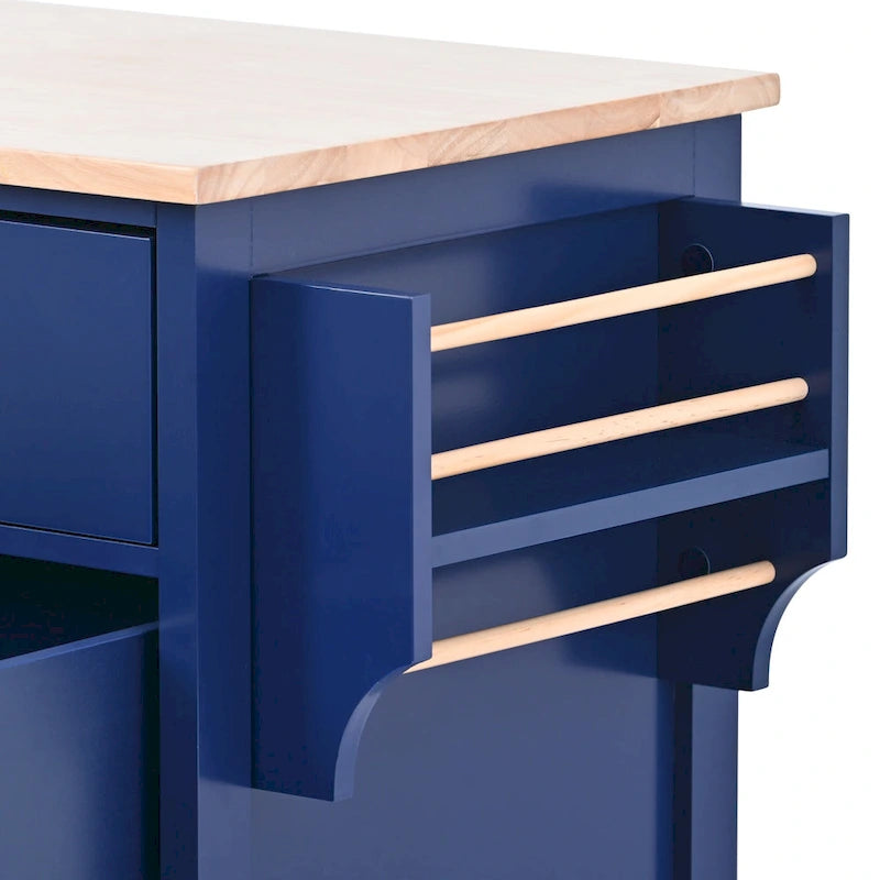 Kitchen Island with Wooden Top, Mobile Island on Locking Wheels, Rolling Cart with Flatware Organizer & 8 Handle-Free Drawers