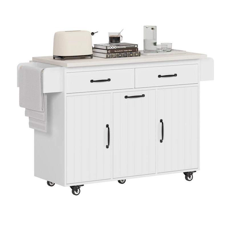 Kitchen Island with Trash Can Storage Cabinet, Rolling Kitchen Island on Wheels with Adjustable Shelf, Drop Leaf & Drawer