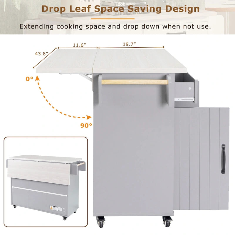 Kitchen Island with Trash Can Storage Cabinet, Rolling Kitchen Island on Wheels with Adjustable Shelf, Drop Leaf & Drawer