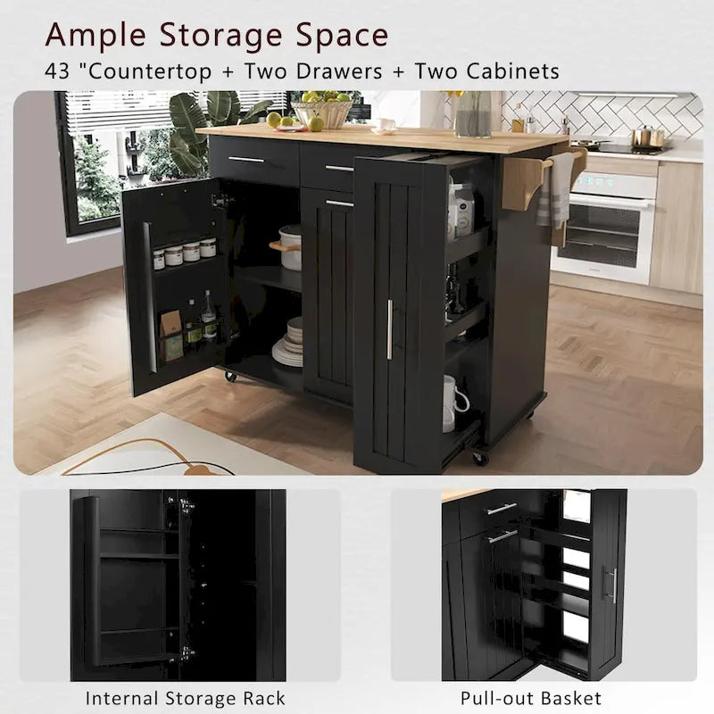 Rolling Kitchen Island Cart, Kitchen Island with 3 Tier Pull Out Cabinet, Portable Trolley Island with Drop Leaf & 2 Drawers