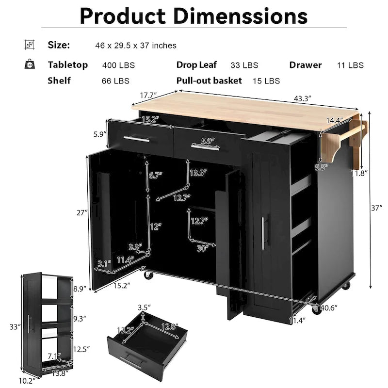 Rolling Kitchen Island Cart, Kitchen Island with 3 Tier Pull Out Cabinet, Portable Trolley Island with Drop Leaf & 2 Drawers
