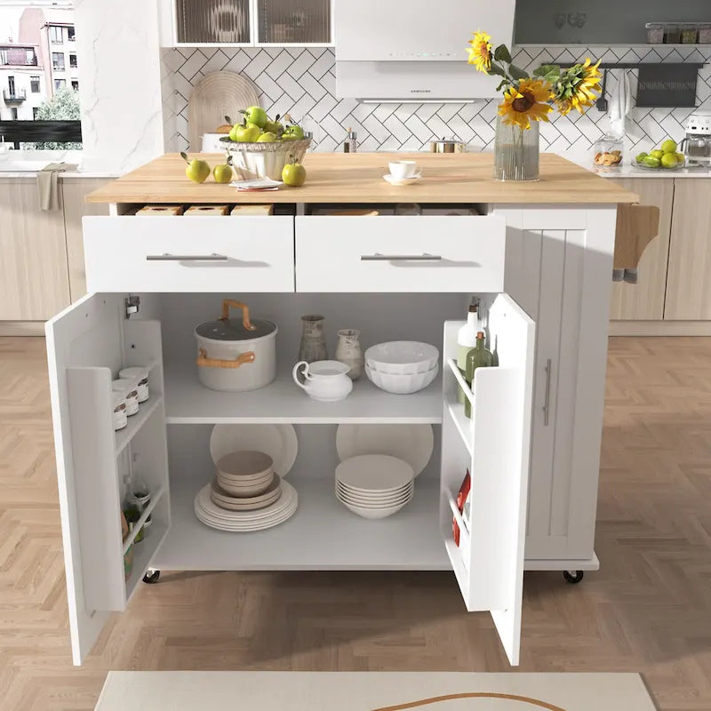 Rolling Kitchen Island Cart, Kitchen Island with 3 Tier Pull Out Cabinet, Portable Trolley Island with Drop Leaf & 2 Drawers