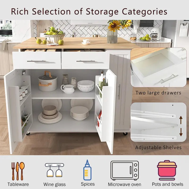 Rolling Kitchen Island Cart, Kitchen Island with 3 Tier Pull Out Cabinet, Portable Trolley Island with Drop Leaf & 2 Drawers