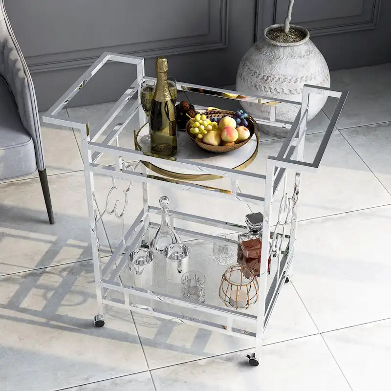 Foroka Contemporary Chrome 2-Shelf Serving Cart with Casters and Wine Rack