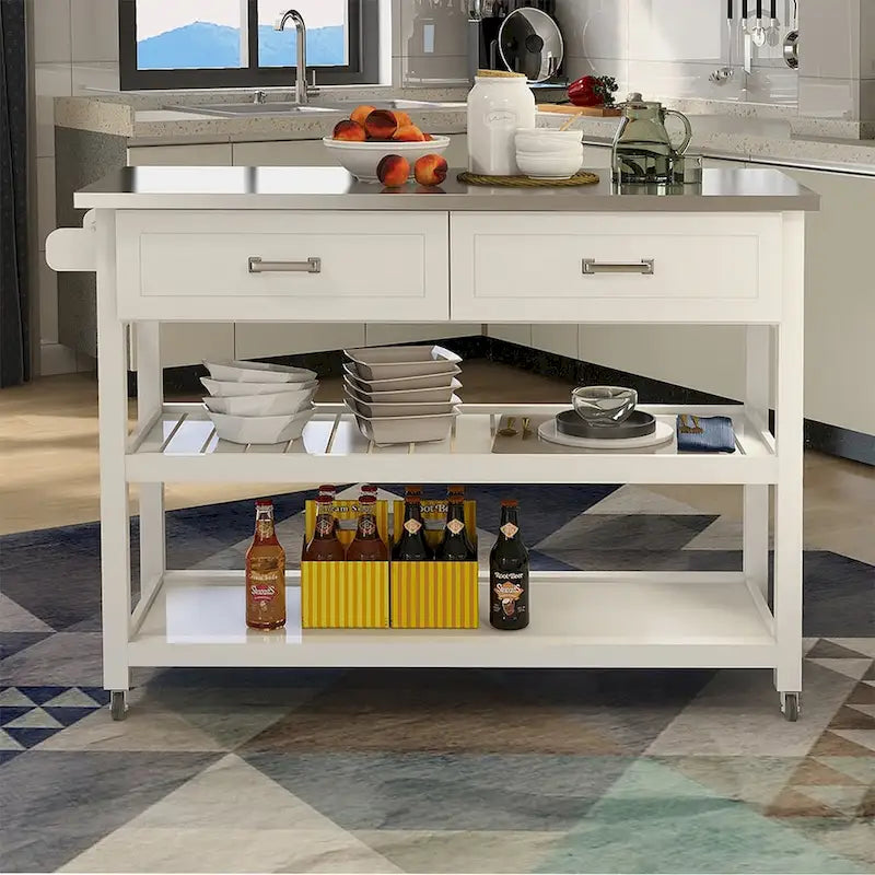 White Kitchen Cart with Stainless Steel Countertop and Two Drawers