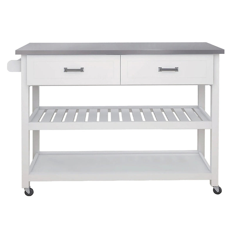 White Kitchen Cart with Stainless Steel Countertop and Two Drawers