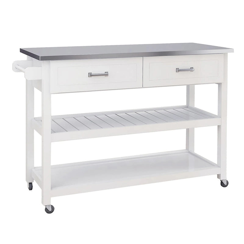 White Kitchen Cart with Stainless Steel Countertop and Two Drawers